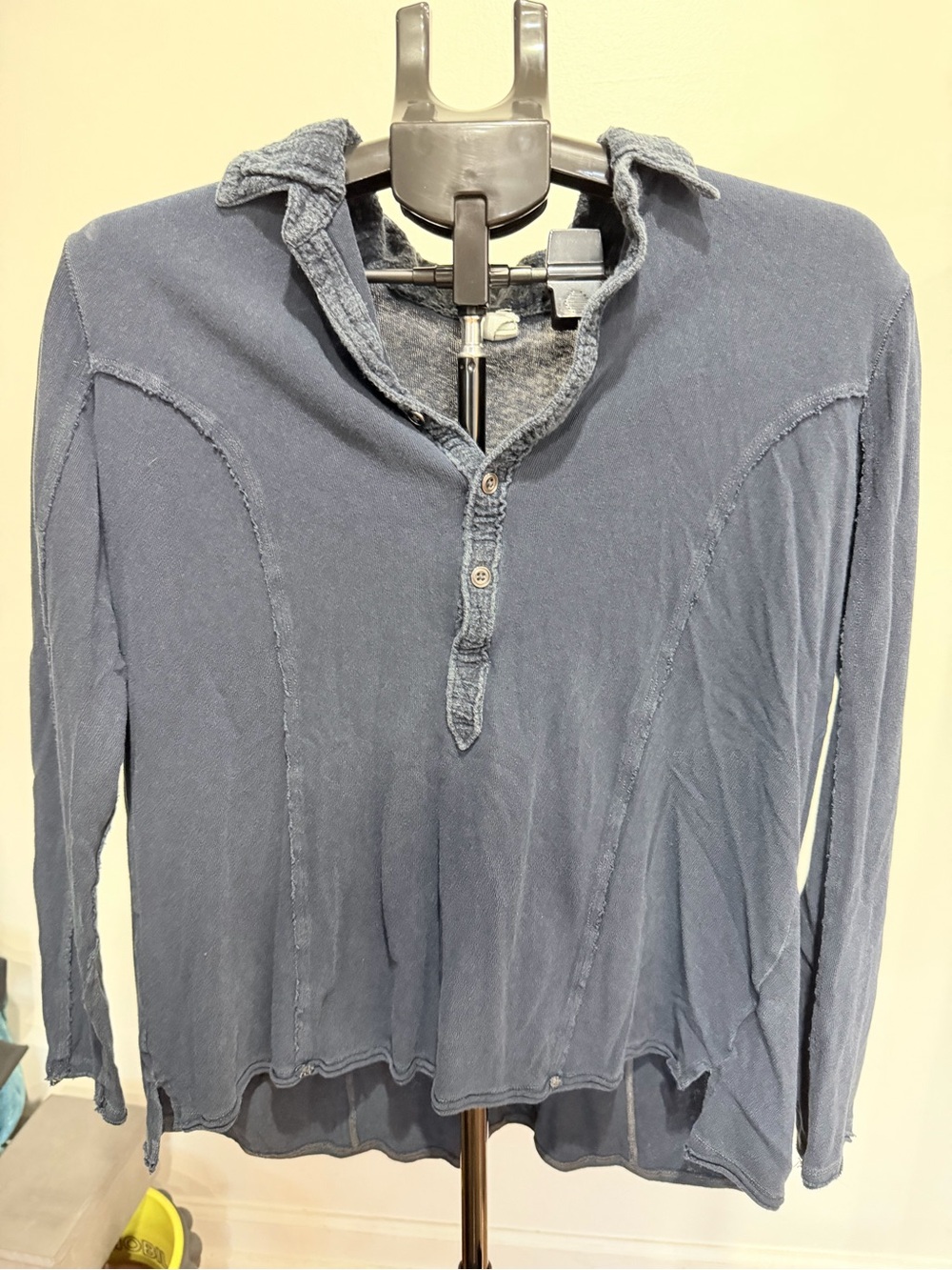 Free People /We The Free Distressed Washed Long Sleeve Henley in Slate Blue